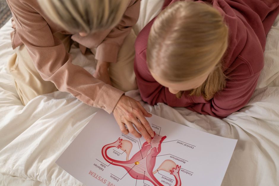 Mother and daughter studying reproductive system illustration for sex education at home.