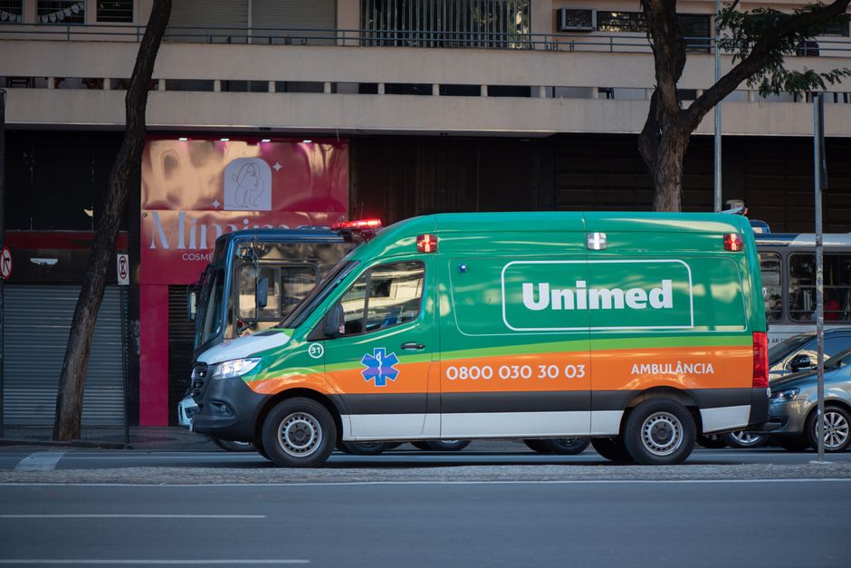 Unimed ambulance parked on a street in Belo Horizonte, Minas Gerais, Brazil.
